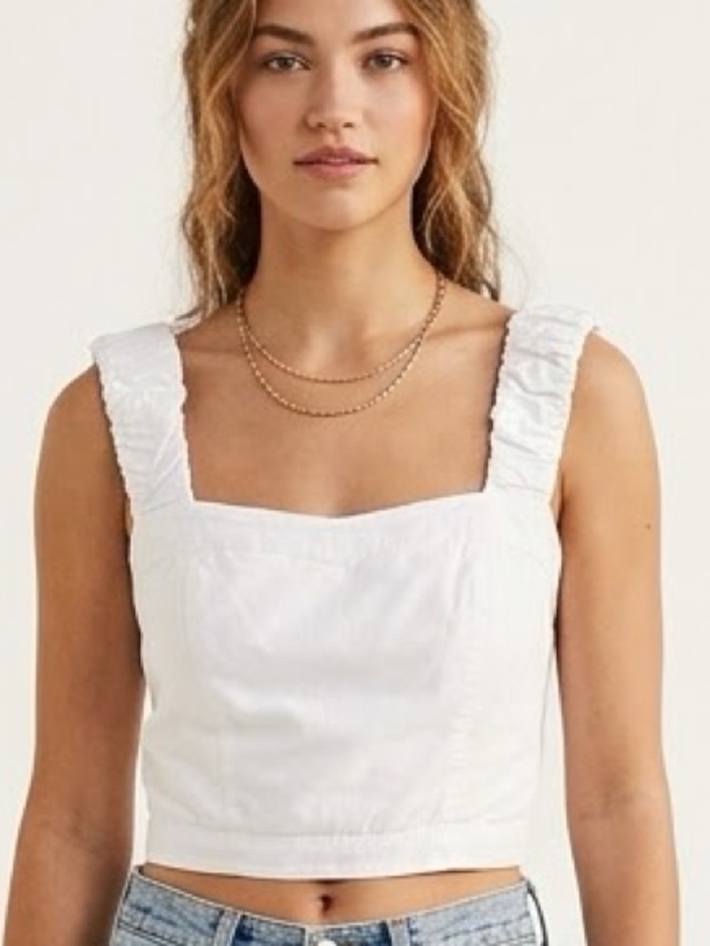 Free People White Ruched Strap Bustier Crop Top Smocked Back Cottagecore Size M